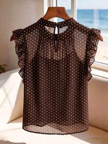 SHEIN Franclia 女款新款黑底白波點雪紡無袖上衣 | 法式復古甜酷風，輕盈雪紡面料，適合約會/購物/下午茶，雙層荷葉邊袖口 + 抽繩立領，清新優雅，法式優雅上衣，優雅上衣，女款度假上衣，波點上衣 - 棕色 - 查看 2
