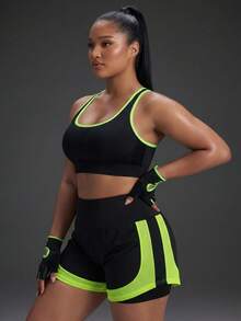 Powerista Women's Plus Size Black & Green Mesh Colorblock 2 In 1 Shorts - Black - View 7