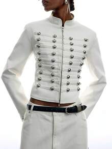 LYSMO Women's Studded Decor Fashion Versatile Daily Wear Jacket - White - View 5