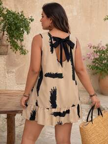 SHEIN Frenchy Plus Size Women's Brush Printed Back Tie-Up Summer Boho Dress - Khaki - View 4