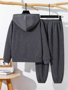 SHEIN 青少年男孩休閒圖案連帽衫與長褲2件套，適合通勤、上學、日常休閒穿著、外出、運動，秋冬款 - 灰色 - 查看 2