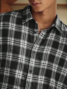 SWAVVY 1pc Ultra Loose Cotton Plaid Print Drop Shoulder Shirt - Black and White - View 6