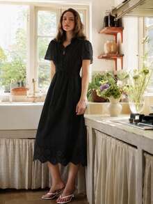 Dayvera Women's Embroidered Button Design Short Sleeve Elegant Black Long Dress - Black - View 4