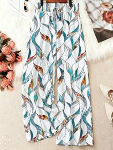 EMERY ROSE 大尺碼女款花卉印花極簡休閒百搭寬腿長褲，適合度假穿著，梭織長褲 - 彩色 - 查看 1