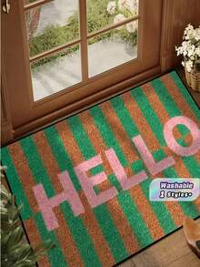 1pc Brown And Green Striped Hello Welcome Door Mat, Crystalline Velvet Polyester Material, Lightweight And Simple, All-Season Entry Mat, Machine Washable, Suitable For Kitchen, Dining Room, Corridor, Bathroom, - multicolor - View 1