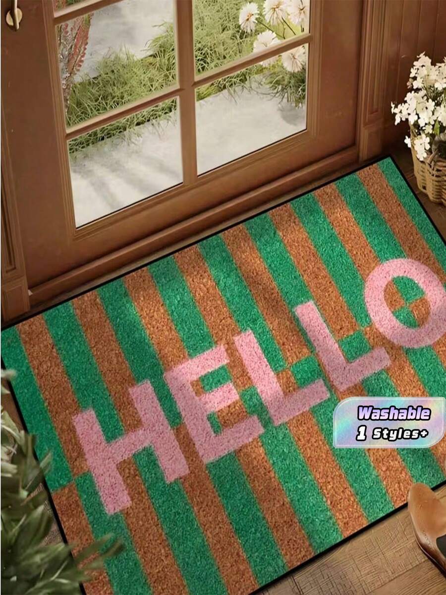 1pc Brown And Green Striped Hello Welcome Door Mat, Crystalline Velvet Polyester Material, Lightweight And Simple, All-Season Entry Mat, Machine Washable, Suitable For Kitchen, Dining Room, Corridor, Bathroom, - multicolor - View 1