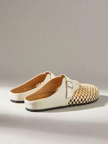 Solecia Spring And Summer New Woven Mat Mesh, Splicing With Decoration, Round Toe Design, Slip-On Heel, Comfortable And Simple Vacation, Women's Flats, A Must For Commuting, Casual And Versatile - apricot leather - View 6