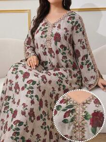 Al Najma 大尺碼女款刺繡花卉印花時尚阿拉伯傳統長洋裝 - 彩色 - 查看 3