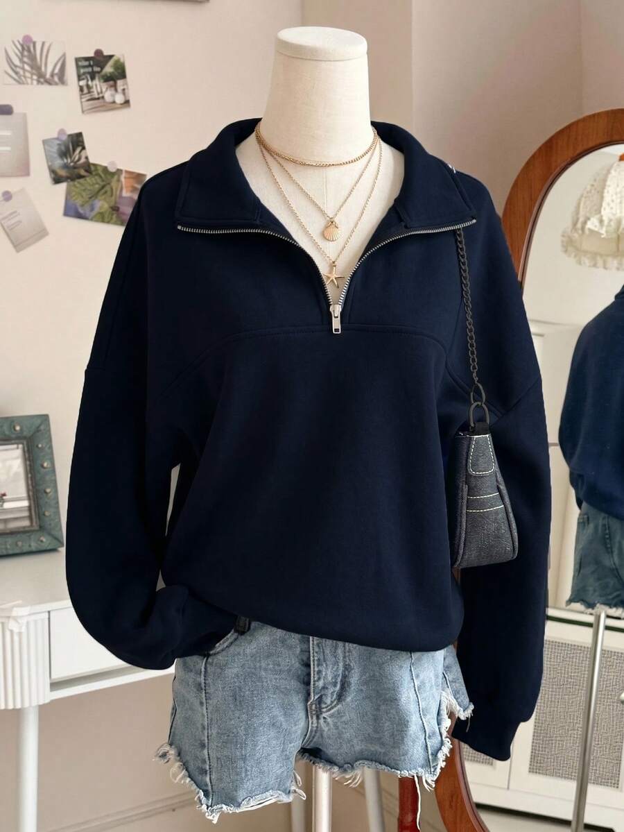 SHEIN Sparklyn 青少年女孩抓絨秋季服飾 素色半拉鍊長袖休閒衛衣 保暖 秋冬穿搭 舒適 日常 寬鬆 極簡