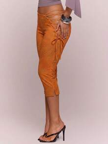 MUSERA Asymmetric Dipped Front Cut Out Lace Up Animal Print Fitted Capri Pants Cute Sexy Holiday Spring Summer Festival Cool Girl Vintage Evening Party Vacat - Orange - View 3