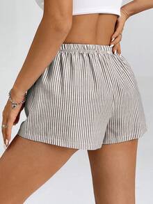SHEIN PETITE 女款條紋低腰短褲，適合夏季度假海灘，小碼女款 - 棕色 - 查看 2