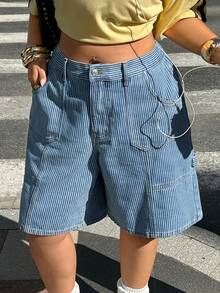 Rivivi Plus Size Women Y2K Striped Print Denim Shorts - Blue and White - View 3