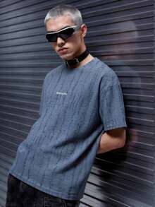 IRON GLYPH Men's Blue Distressed Fabric Embroidered T-Shirt - Blue - View 5