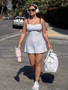 SHEIN Sports Women's Plus Size Polka Dot & Striped Print Colorblock Sports Dress - Multicolor - View 1
