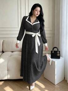 Vibekara Frühling/Herbst elegantes modisches minimalistisches Date-Pendler-Stil Langarmkleid, Reverskragenkleid mit Seitenfalten, rotes Langarmkleid, Schleife, Urlaub, Sommer Damen Outfit, Frühling/Herbst japanisches süßes niedliches schwarz-weißes Polka-Dot-Kleid, neues zierliches College-Stil verjüngendes schlankmachendes elegantes professionelles Date-Langkleid, Sommer neues französisches lockeres Kleid - Schwarz und Weiss - Übersicht 3