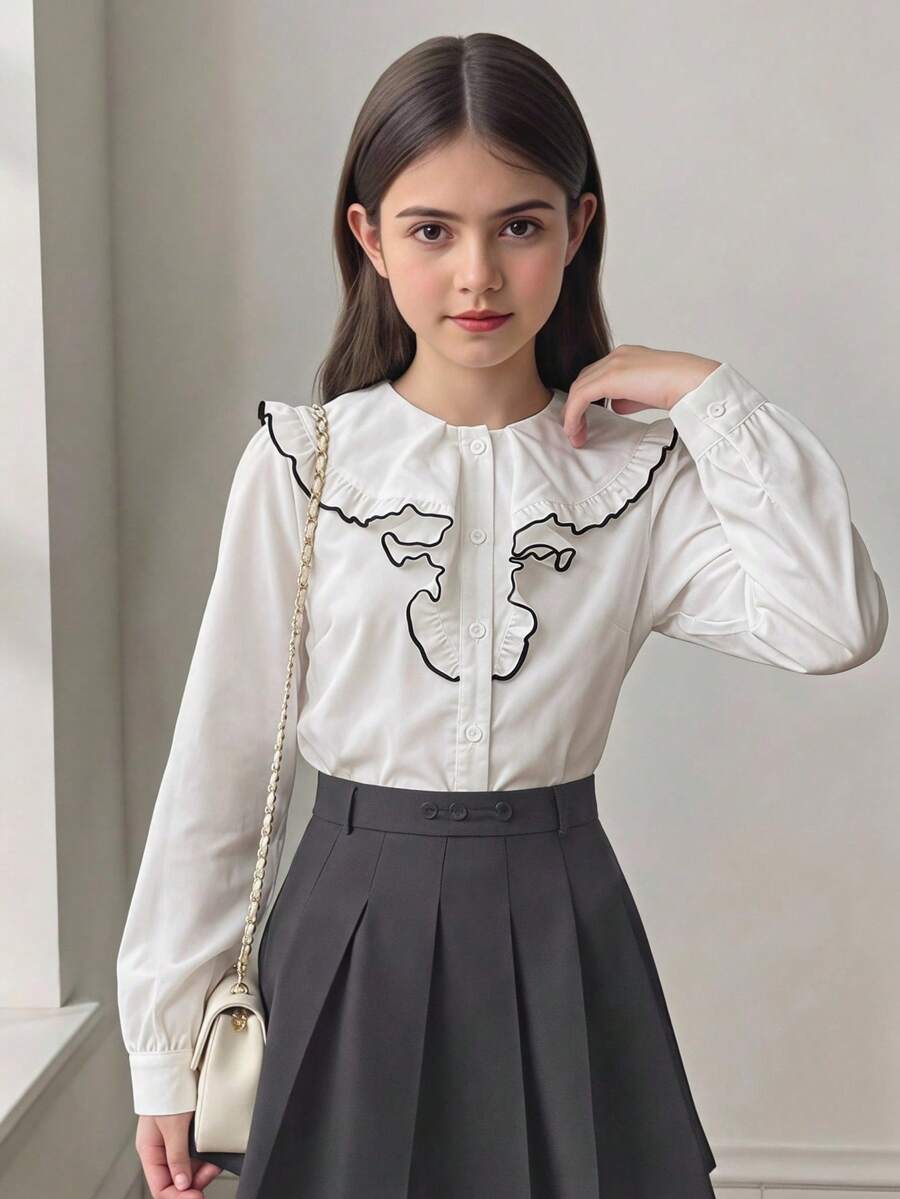 SHEIN 1件女童翻領長袖休閒襯衫開襟衫,秋季返校季青少年女孩服飾 - 白色 - 查看 1