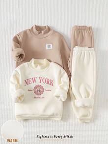 Cozy Pixies 女嬰簡約字母圖案針織柔軟領長袖套頭休閒衛衣與鬆緊腰運動長秋褲 2件套 - 杏色 - 查看 6