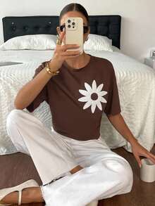 Serisse 女款夏季休閒花卉刺繡T恤 - 咖啡棕 - 查看 7