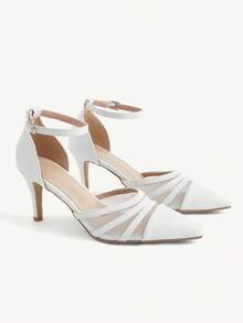 CUCCOO CHICEST Women's White Mesh Leather Stitched Back Empty High Heels, Pointed Ankle Strap Stiletto Commuter Shoes - White - View 9