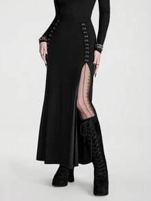Breakform Halloween Gothic Sexy Dark-Style Black Lace Slit Skirt – Slimming & Cool-Girl Vibe - Black - View 6