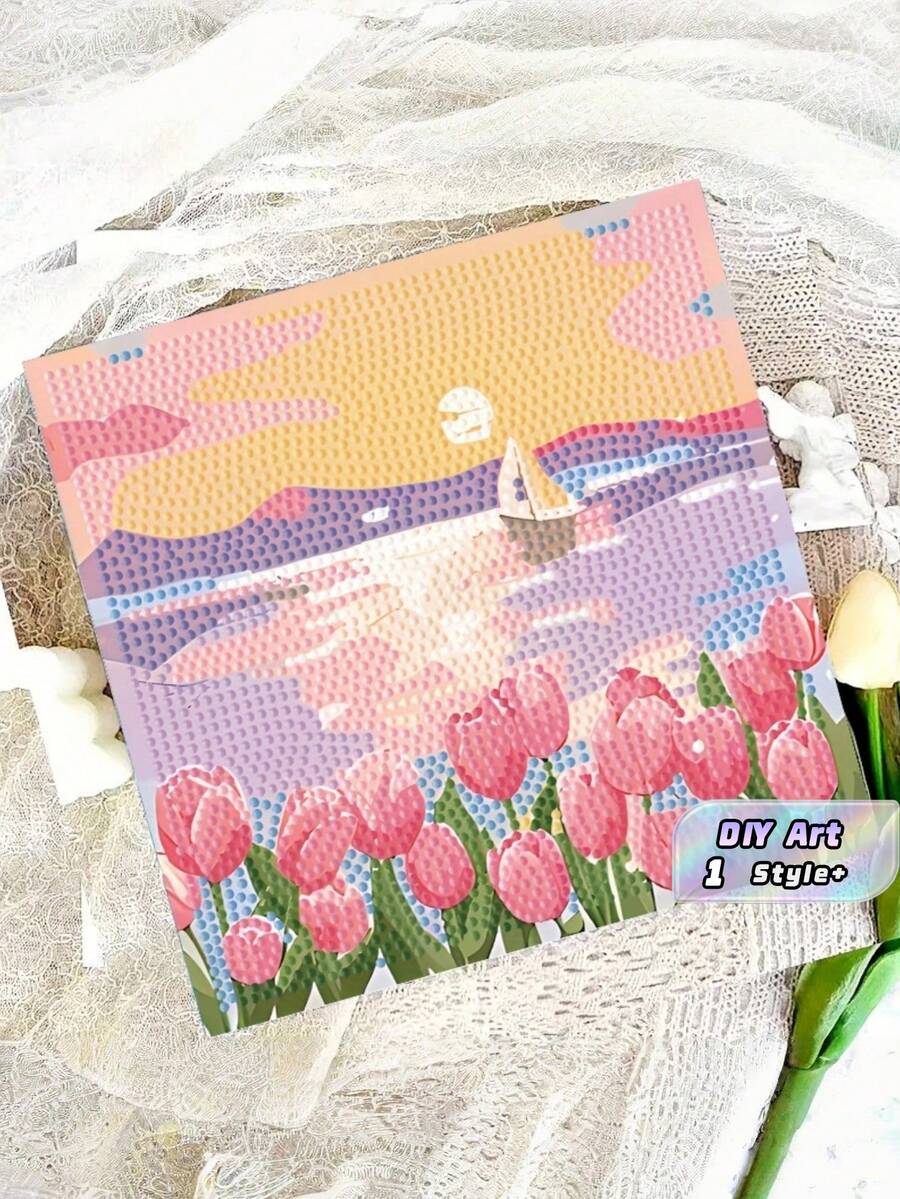 1SET Acrylic Full Drill Round Diamond Painting Kit Tulip Seascape Home Wall Decor Tabletop Display Perfect Gift Unframed - multicolor - View 1