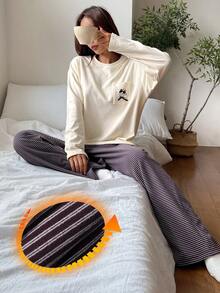DAZY 2件組可愛貓咪圖案寬鬆長袖T恤與條紋直筒長睡褲女款睡衣套裝 - 彩色 - 查看 4