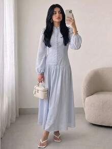 Solavon Women's Solid Color Lantern Sleeve Button Design Elegant Long Dress - Blue - View 5