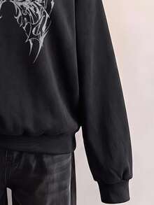 SHEIN EZwear 休閒極簡個性圖案黑色印花連帽長袖寬鬆加厚女款衛衣，秋冬款 - 黑色 - 查看 4