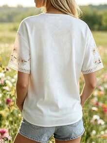 Selamara New Women's Casual Loose Slimming Lace V-Neck Printed Short Sleeve Blouse - White - View 2