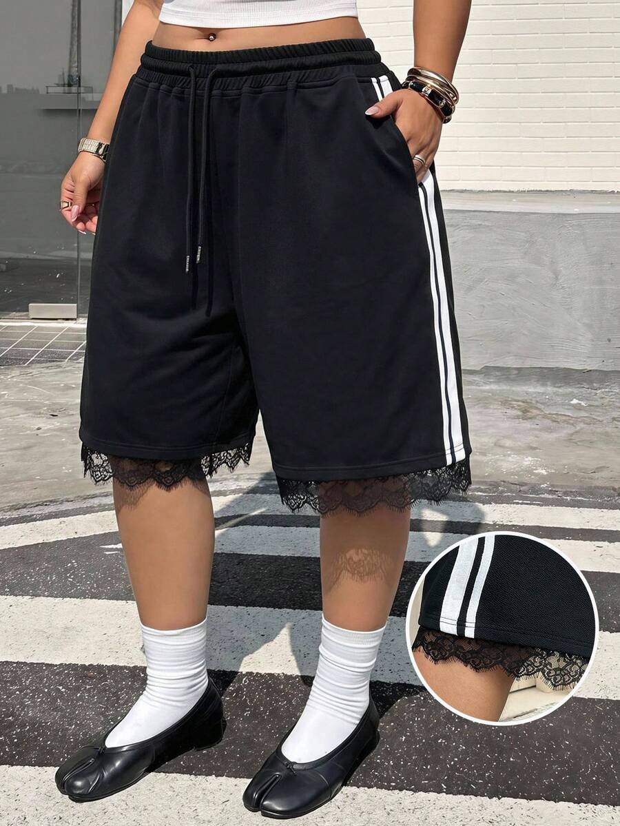Muchica 大尺碼夏季休閒拼色條紋蕾絲拼接短褲 - 黑色 - 查看 1