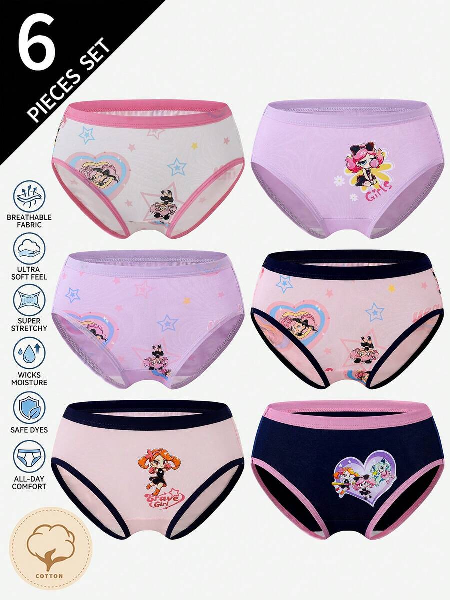 6pcs Girls All-Season Cute Playful Happy Cartoon Dancing Girl Fairy Print Traceable Cotton Triangle Panties - Multicolor - View 1