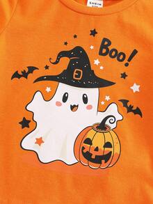 SHEIN 2pcs Baby Boy Summer Winter Halloween Cute Cartoon Pattern Short Sleeve Shorts Set, Pumpkin Set, Halloween Set, Infant Set, Orange Set, T-Shirt Set - Multicolor - View 8
