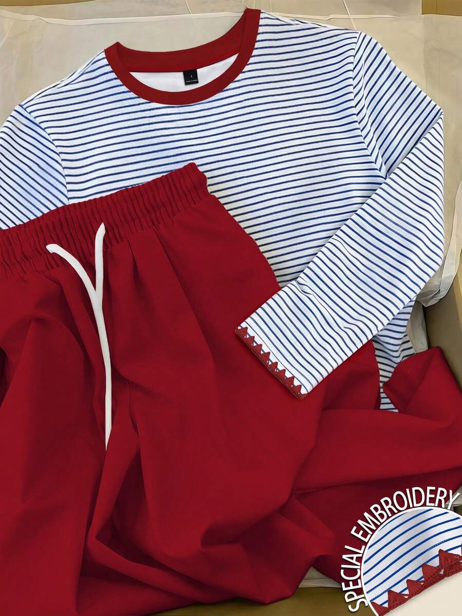 Resyla 女款春秋休閒條紋上衣與純色長褲兩件套 - 彩色 - 查看 1