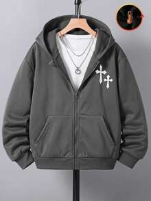 Sudadera con capucha y cremallera para adolescente, estampado de patrón versátil, multifuncional, para otoño - Gris - Ver 3