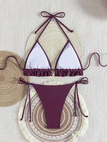 Livesso Set Pakaian Renang Bikini Dua Potong Seksi Modis untuk Liburan Musim Panas Wanita, Warna Polos, Model Halter dengan Hiasan Ruffle, Cocok untuk Pantai dan Liburan. - Rose Red - View 2