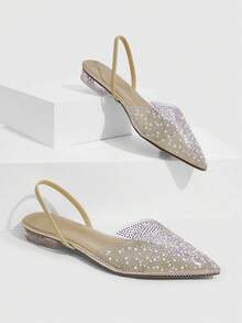 CUCCOO SZL Women's Fashion And Elegance Pointed V-Cut Low Heel Slingback Party Shoes. Transparent TPU Fabric Contrasting Color Hot Pearl Colored Rhinestones - Gold - View 1