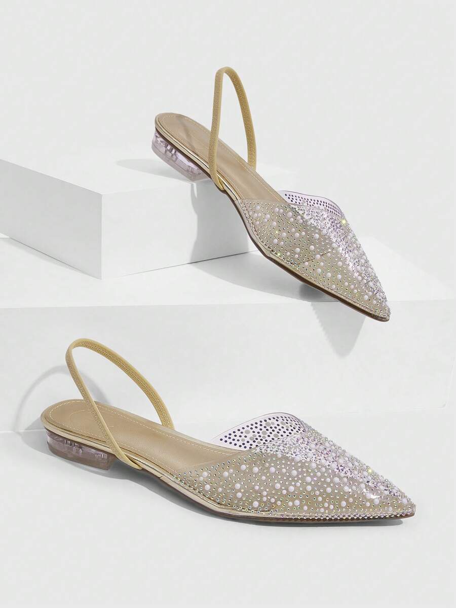 CUCCOO SZL Women's Fashion And Elegance Pointed V-Cut Low Heel Slingback Party Shoes. Transparent TPU Fabric Contrasting Color Hot Pearl Colored Rhinestones - Gold - View 1