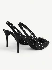 CUCCOO CHICEST Women Shoes Spring And Summer New Models, Polka Dot Satin Pointed Back Empty Sandals, Pearl Bow Stiletto High Heels, Gentle And Sweet Style, Daily - Black - View 10