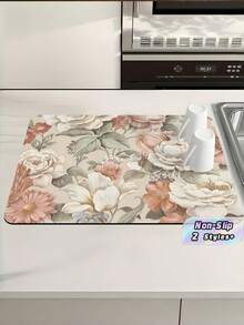 1PC Thick Diatom Mud Absorbent Drain Drying Wash Free Heat Insulation Retro Flower Pattern Drain Pad Mat For Kitchen Bowl Plate Bar Water Cup Coffee Maker Dining Table Home Supplies - Multicolor - View 1