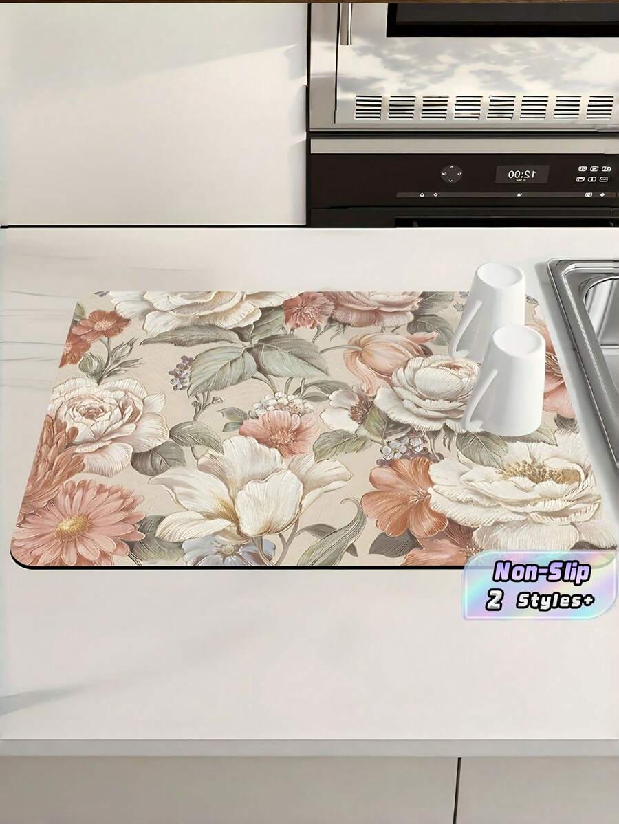 1PC Thick Diatom Mud Absorbent Drain Drying Wash Free Heat Insulation Retro Flower Pattern Drain Pad Mat For Kitchen Bowl Plate Bar Water Cup Coffee Maker Dining Table Home Supplies - Multicolor - View 1