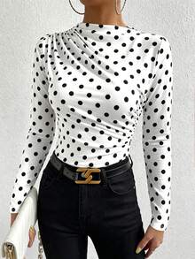 SHEIN PETITE Black Pleated Long Sleeve Women's Top - Black and White - View 6