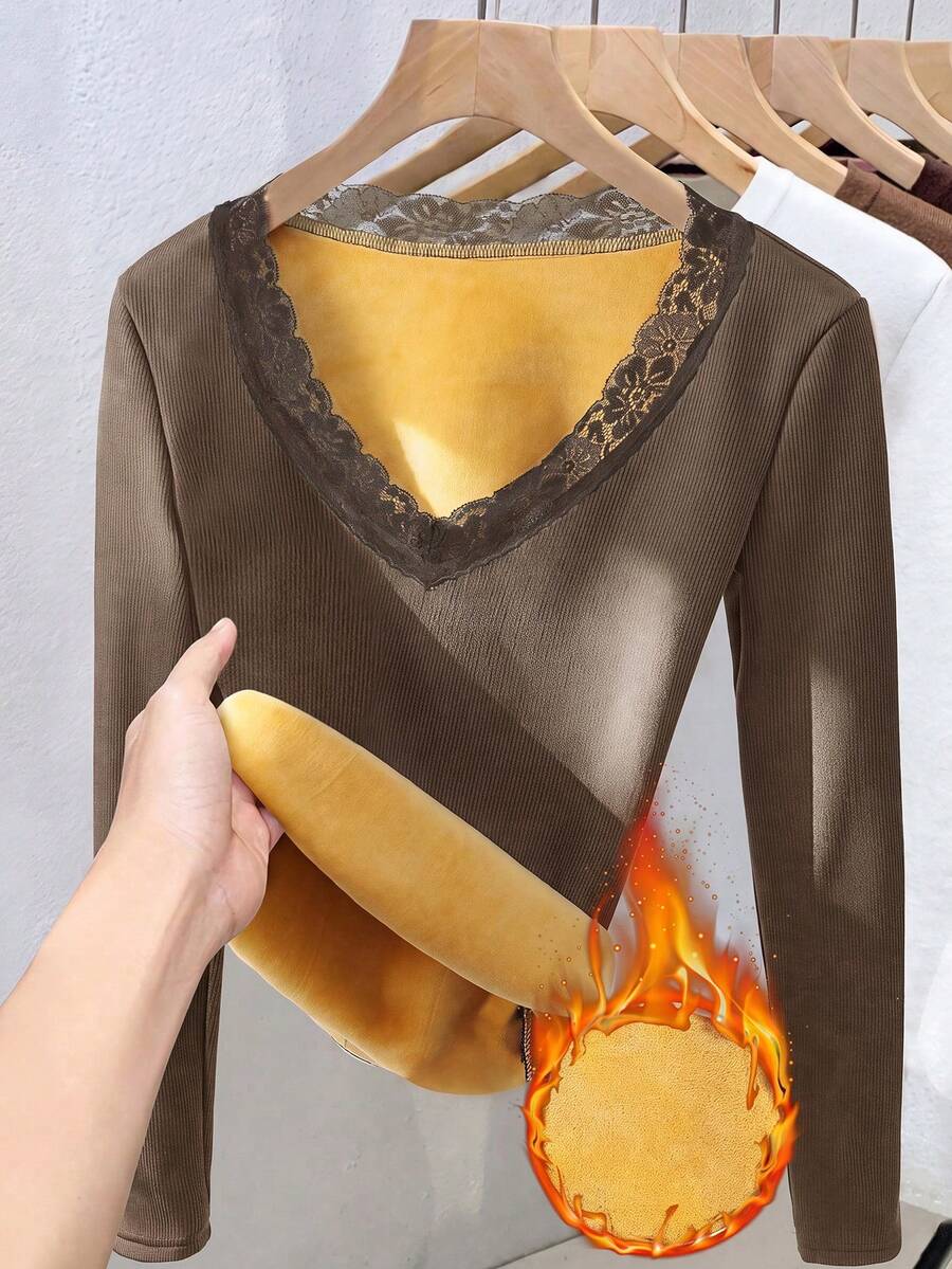 GlowEve Autumn/Winter Thermal Lined Thick Lace Patchwork Inner Layer Base Top - Khaki - View 1