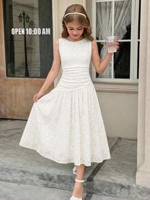 SHEIN Tween Girls Kids Casual Elegant Fashion Versatile Daily Lace Round Neck Asymmetrical Design Sleeveless Long Dress, Back To School Outfit, Outing Outfit, White Lace Dress, Spring Summer Autumn Outfit, Graduation, Party Outfit - Beige - View 3