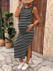 SHEIN Women's Maternity Vacation Striped Colorblock Round Neck Side Slit Dress - Black - View 2