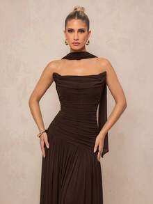 Lumalex Gaun Mermaid Lengan Syal Berkerut Rajut Elastis Elegan, Gaun Formal Serbaguna Kelas Atas untuk Pernikahan, Acara, Gala, Pesta & Liburan Musim Gugur - Burgundy - View 3