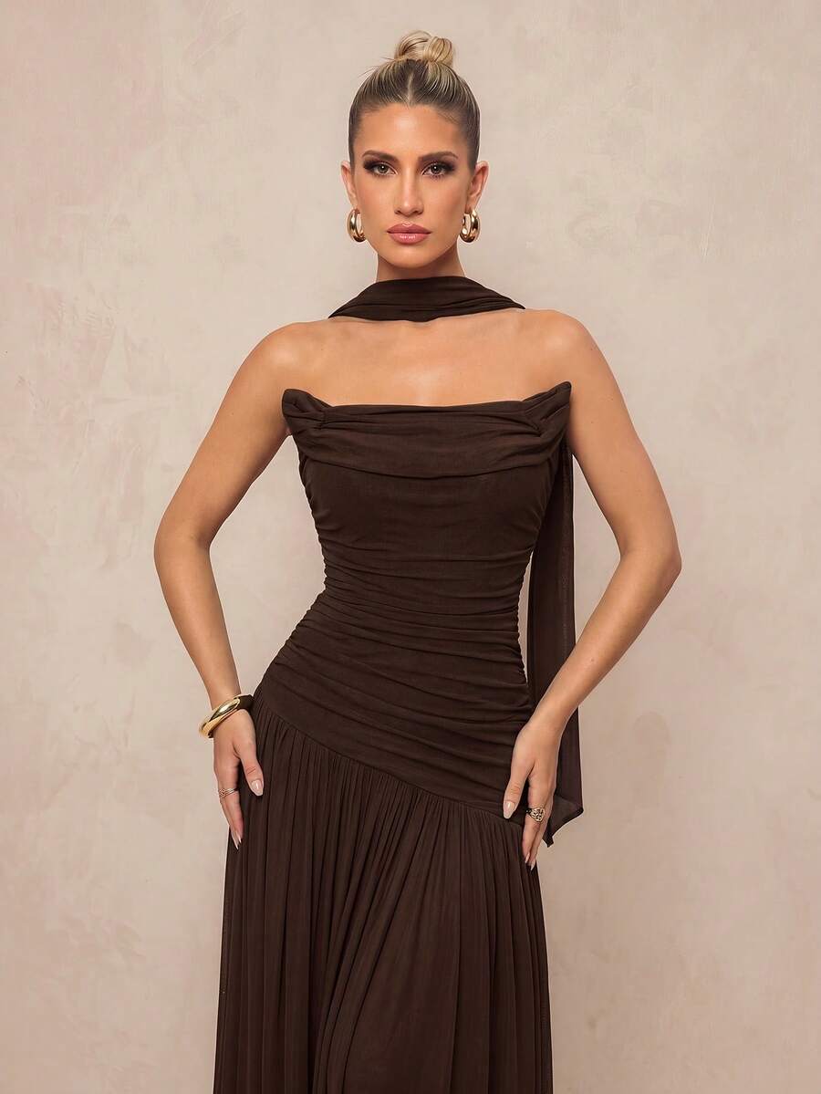 Lumalex Elegant Elastic Knit Ruched Shawl Sleeve Mermaid Dress,High-End Versatile Formal Gown For Weddings,Events,Galas,Parties & Vacations Party Fall - Burgundy - View 1