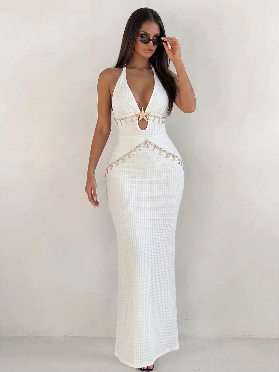 Sirith Women's Summer Textured Solid Color Fabric Random Shell & Starfish Decor One-Piece Swimsuit With Skirt 2-Piece Set - White - View 1