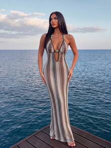 Sirith Swim Chiccia 女款多色夏季新款沙灘鏤空長版露背深V領無袖鉤編掛脖綁帶＋肩帶串珠飾設計泳裝罩衫洋裝 - 彩色 - 查看 1