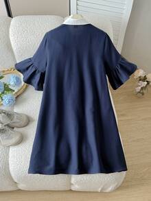 KidsTween Girl Casual Academy 7-Point Ruched Flare Long Sleeve Contrast Collar Small Logo Horse Embroidery A-Line Dress Navy Blue Deep Royal Blue Back To School Fashion Commute Street Style - Navy Blue - View 6