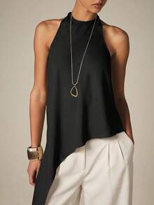 KSTM Halter Neck Asymmetric Draped Top With Open Back And Flowing Scarf Detail For Evening And Summer Occasions - Black - View 6